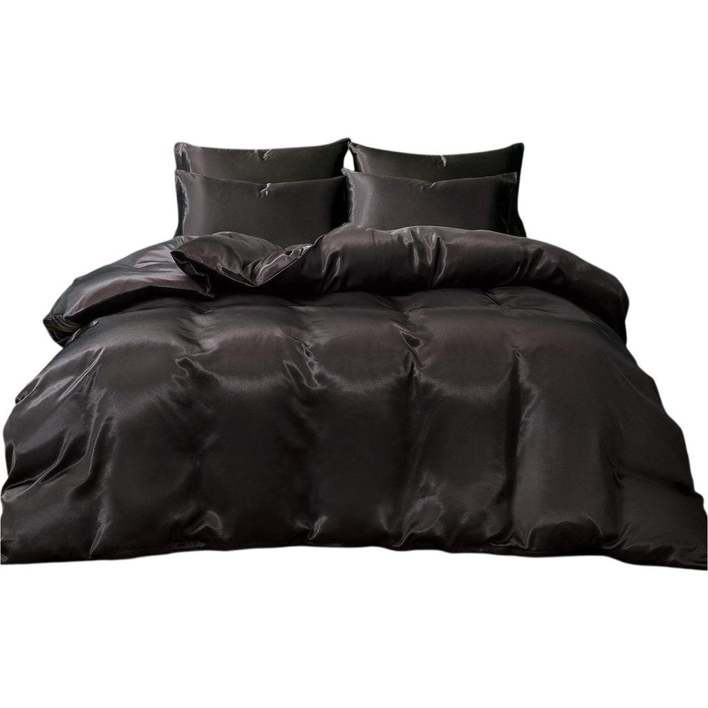 3 Teilig Satin Bettwäsche Set, Sommerbettwäsche Set 200x200cm, mit 2 Kissenbezug, Schwarz