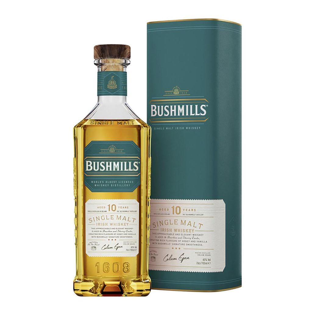 A bottle of Bushmills 10 Year Old Single Malt Irish Whiskey and its presentation box, isolated on a white background.