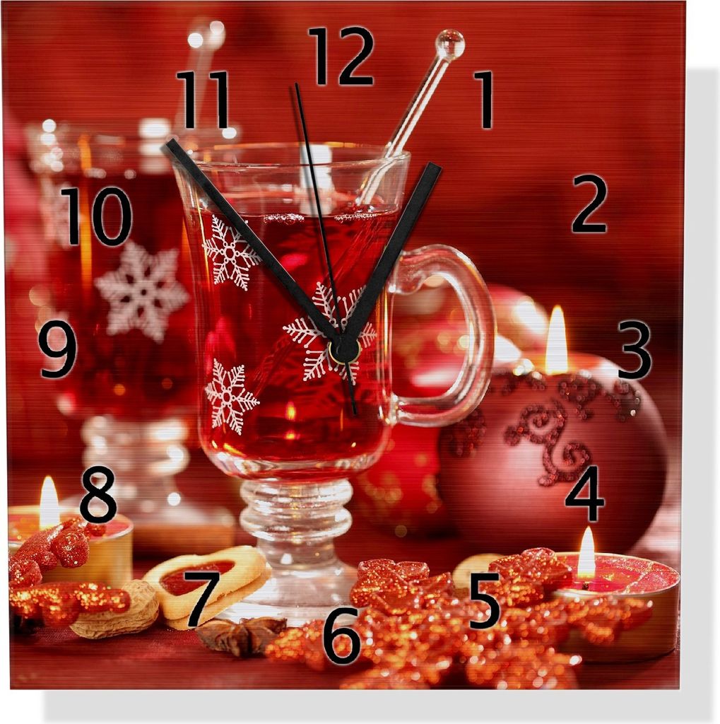 Wallario Design Wanduhr Heißer Winterpunsch mit Kerzen aus Aluverbund, Größe 30 x 30 cm