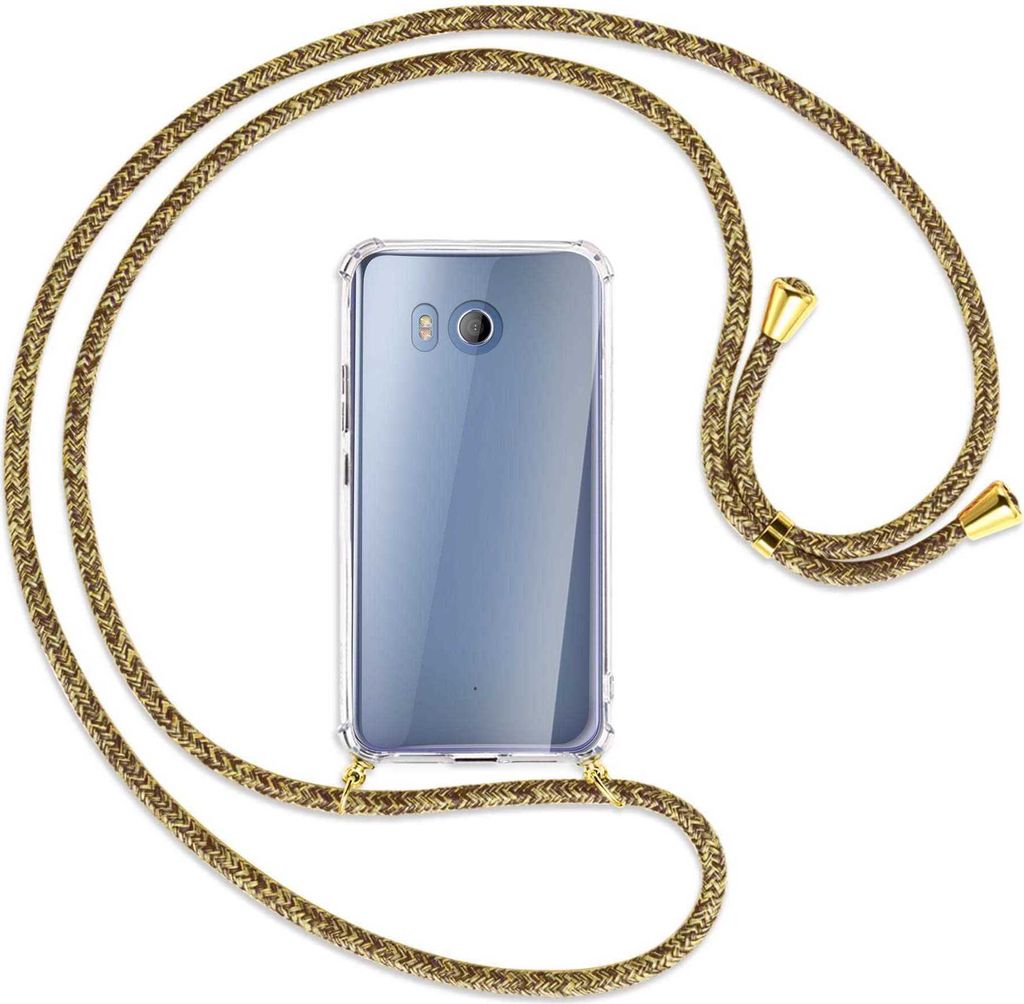 Handykette Backcover-Schutzhülle mit Band (Metall goldfarben) für HTC U11 - braun+beige