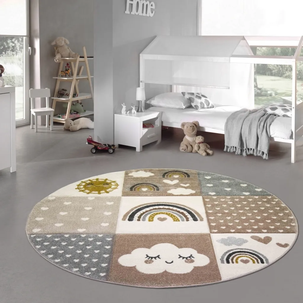 Tapis enfant motifs nuages et cœurs, tapis rond 120cm beige et marron