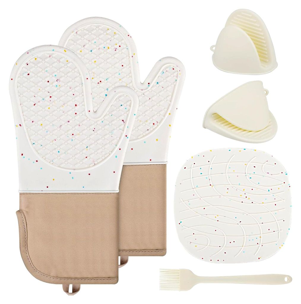Ofenhandschuhe Set - Hitzebeständige Topfhandschuhe aus Baumwolle und Silikon für Kochen, Backen und Grillen