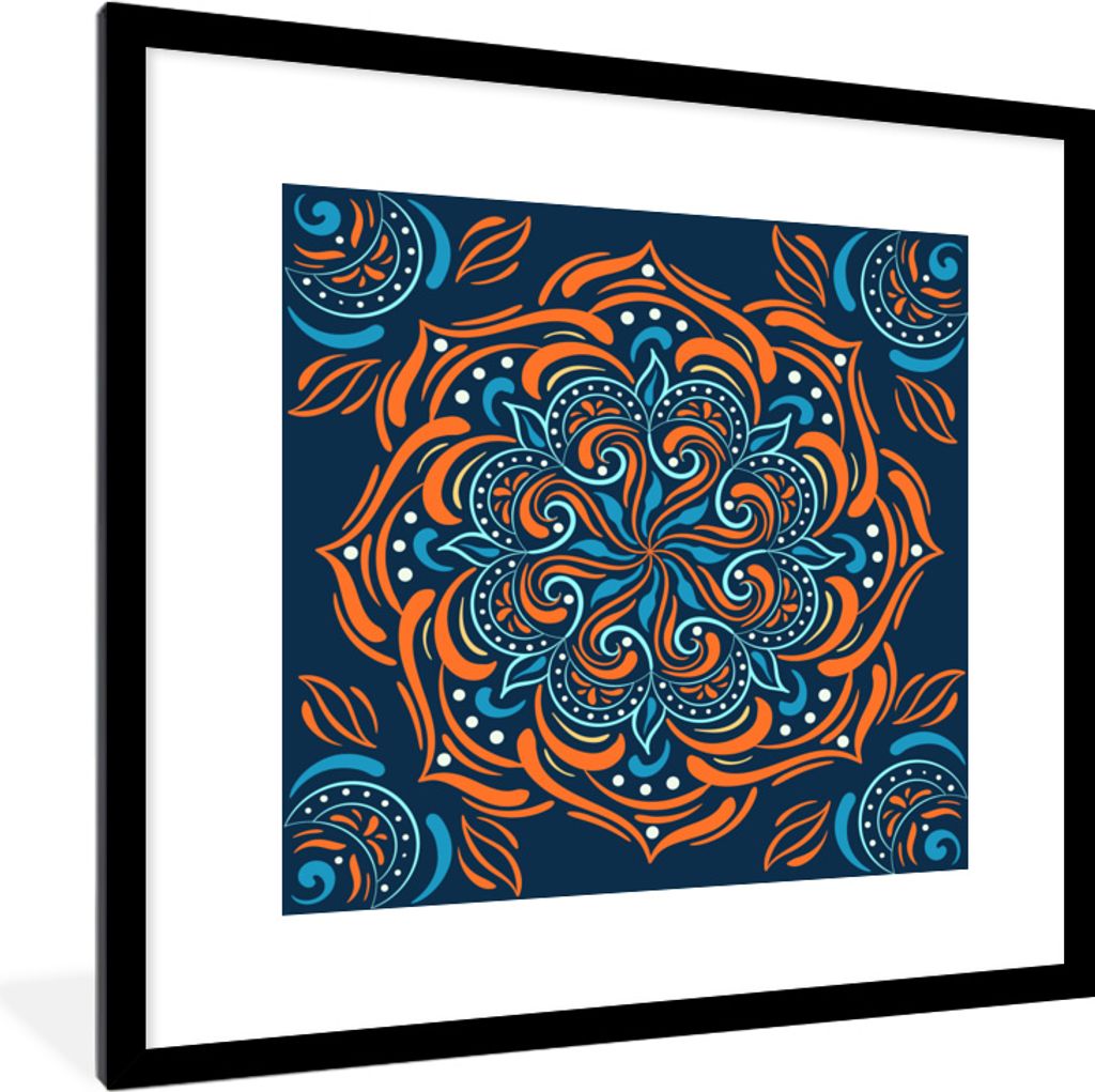 MuchoWow MuchoWow Gerahmtes Poster Mandala - Orange - Blau - Muster 40x40 cm - Poster mit zchwarzem Bilderrahmen - Poster - Plakat im Rahmen