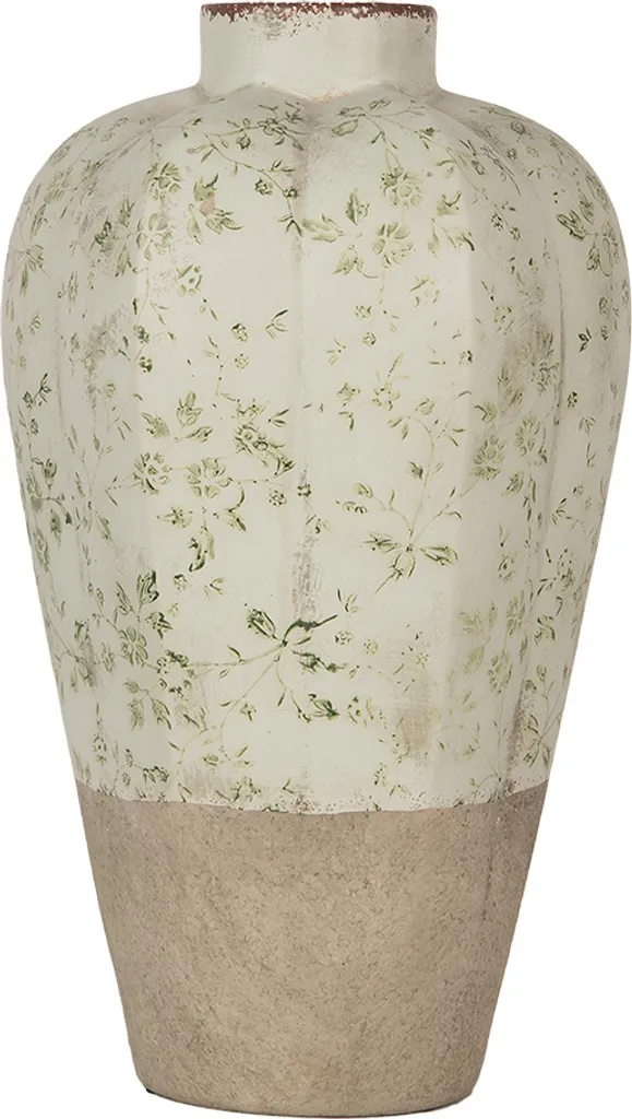 Grand Vase Décoratif de Table 38 cm Céramique Beige Vert Design Floral