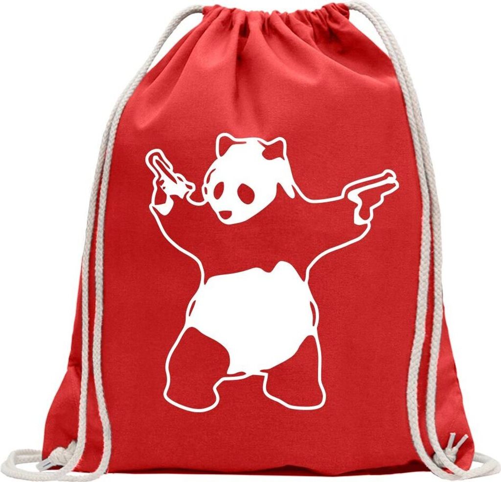 Kiwistar - Turnbeutel - rot - Panda with Guns - Fun Rucksack Sport Beutel Gymsack Baumwolle mit Ziehgurt
