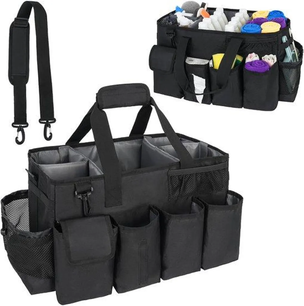 Valise de nettoyage XXL à bretelles réglables et poignée, rangement noir pro