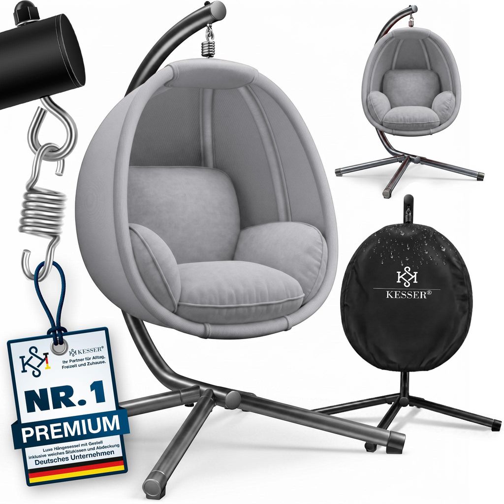KESSER Luxe Hängesessel mit Gestell + weicher Sitzkissen, Seitenpolsterung, Sitz- und Rückenkissen Hängekorb Indoor & Outdoor, Garten Schaukel...
