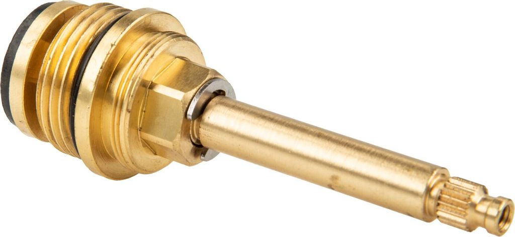 A close-up studio shot of a brass faucet valve stem on a white background.