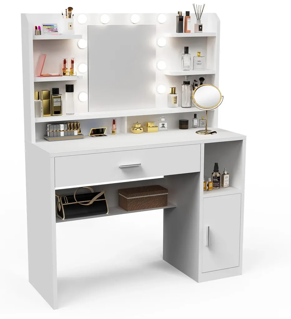 Meuble Coiffeuse avec Miroir Éclairé LED Réglable 108 cm Coloris Blanc