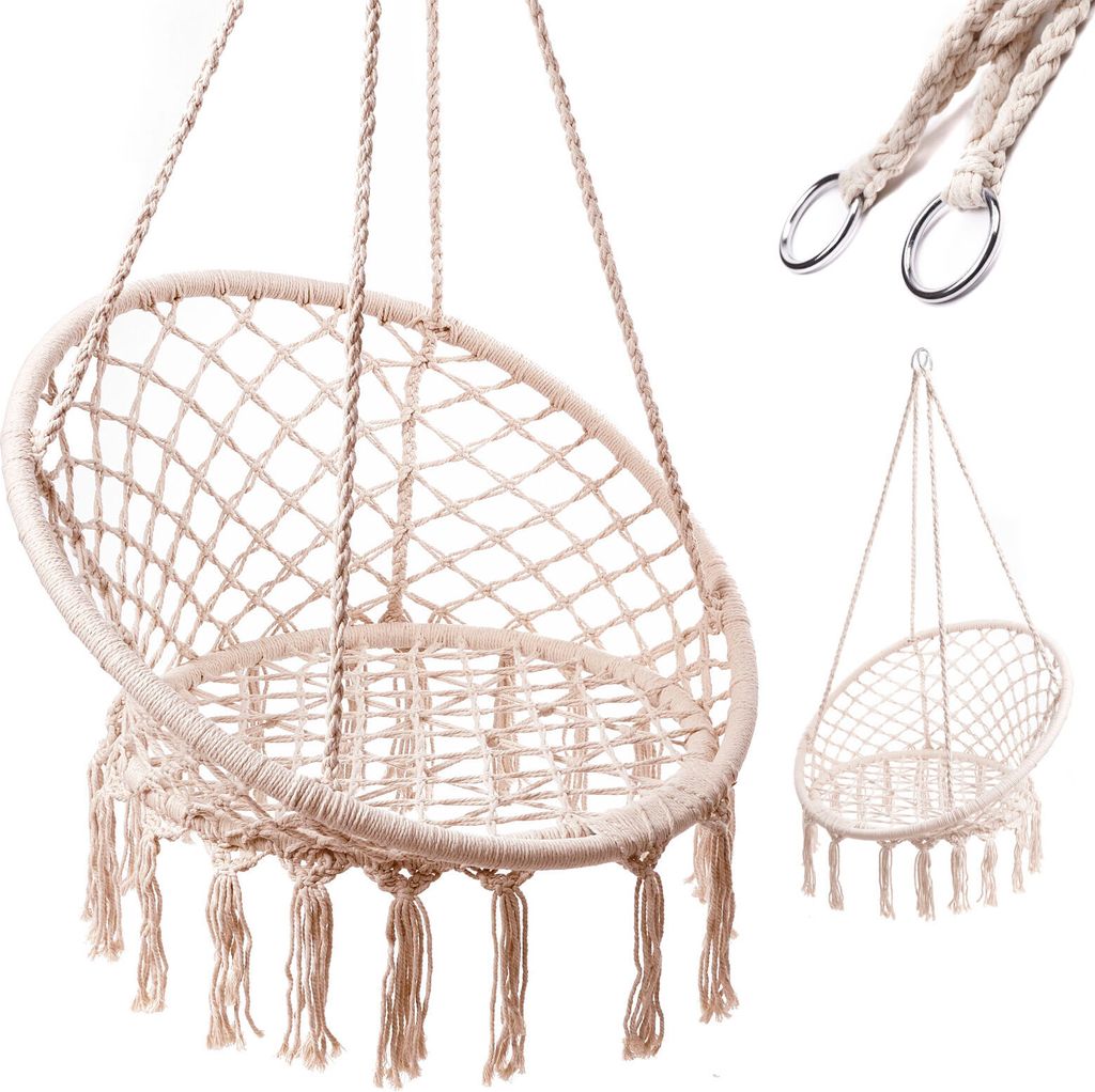 A beige macrame hanging chair with tassels is shown against a white background. A smaller, similar chair is visible in the background, and a close-up of the hanging ropes and metal rings is in the upper right corner.