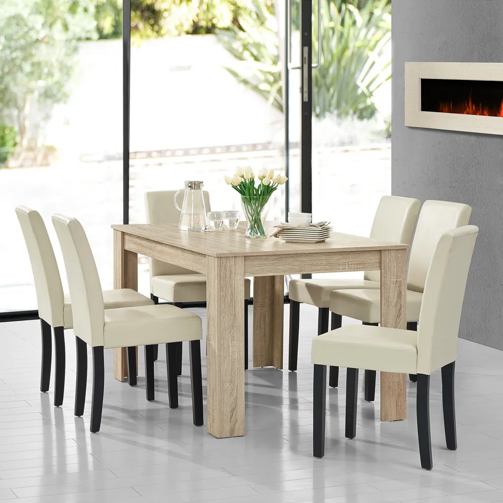 Salle à manger complète chêne clair et chaises crème faciles à laver
