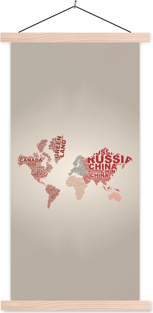 MuchoWow Textilposter Weltkarte - Karte - Briefe 40x80 cm mit holzfarbenen Rahmen - Wohnzimmer