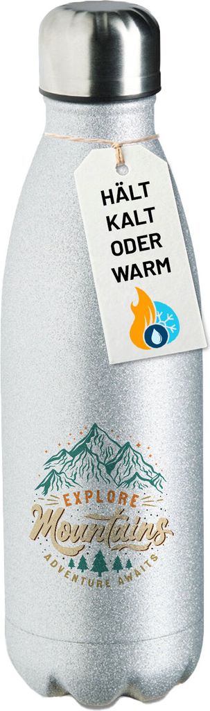 Huuraa Trinkflasche Explore Mountains Adventure Awaits 500ml Silver Edelstahl Wasserflasche Trinkflasche Geschenkidee