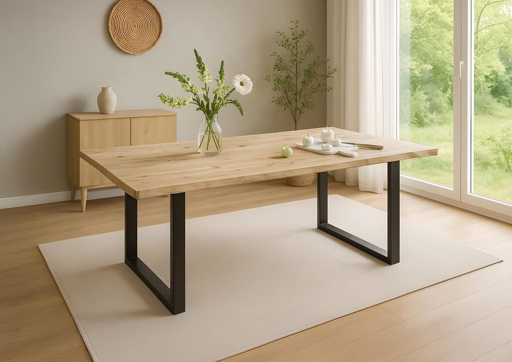 Esstisch Ikarus 180 x 90 cm, Akazienholz massiv, naturfarben lackiert, Baumkantentisch mit Metallgestell in Schwarz, Esszimmertisch mit Baumkantenp...