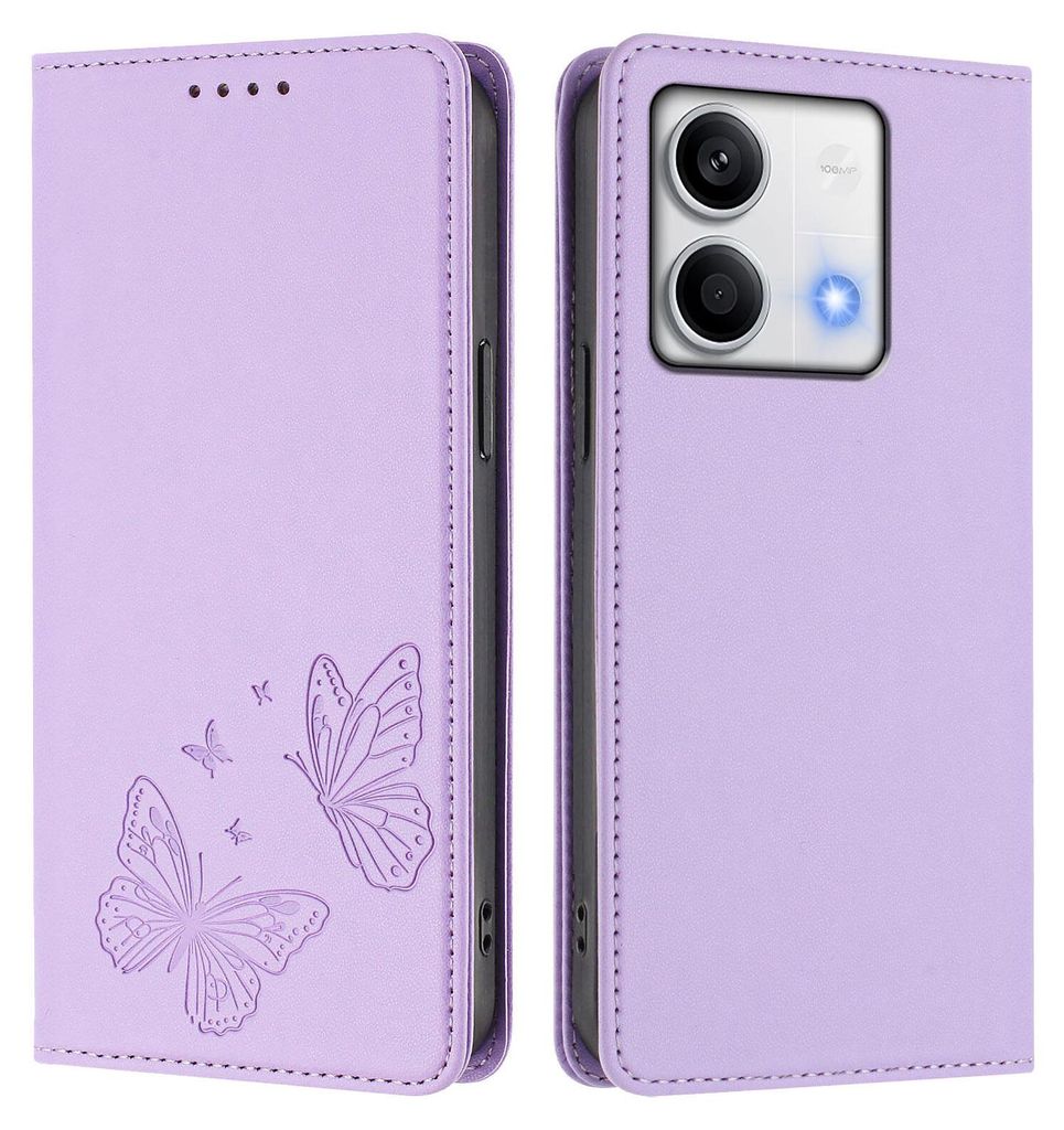 Lederhülle für Xiaomi Redmi Note 13 5G, Schmetterling Prägung Leder Brieftasche Schutzhülle mit Ständer Violett