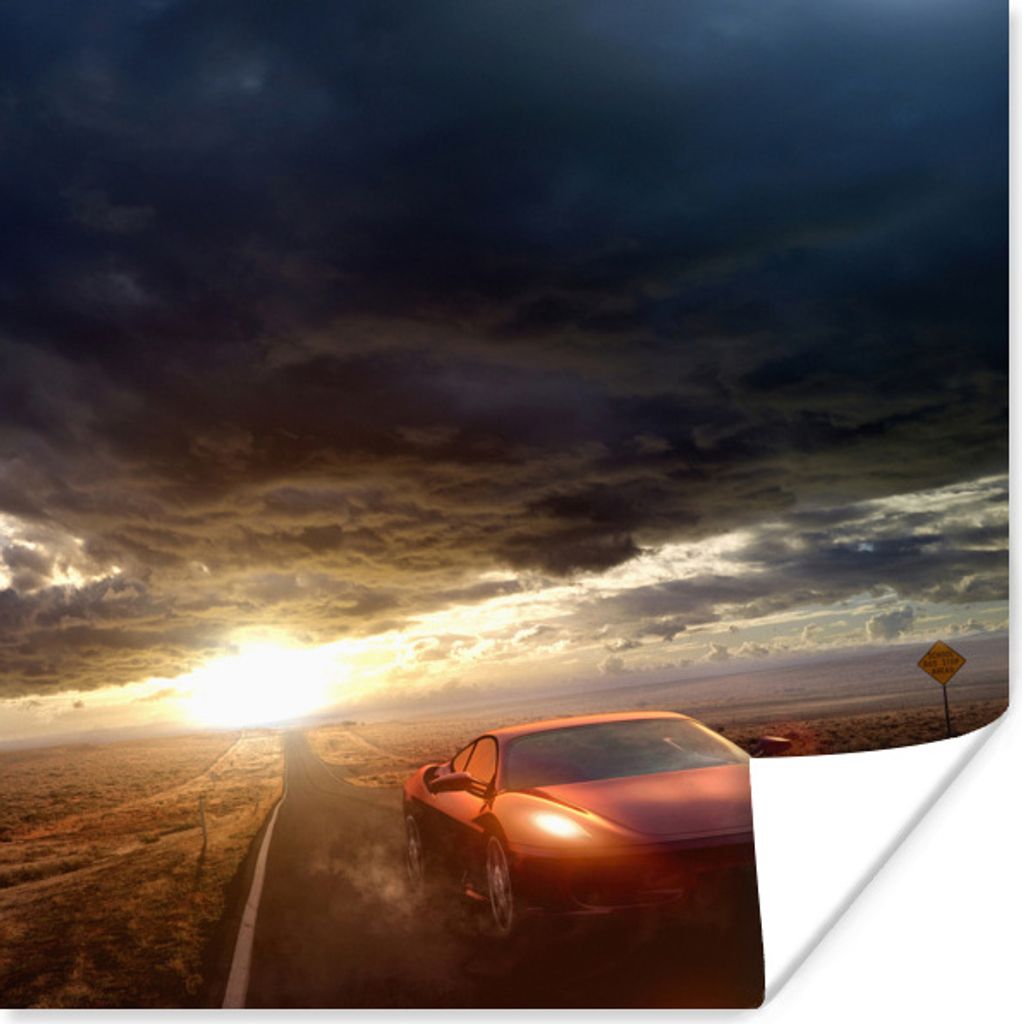 MuchoWow Poster Schnelles Auto auf abgelegener Straße 100x100 cm - Babyzimmer