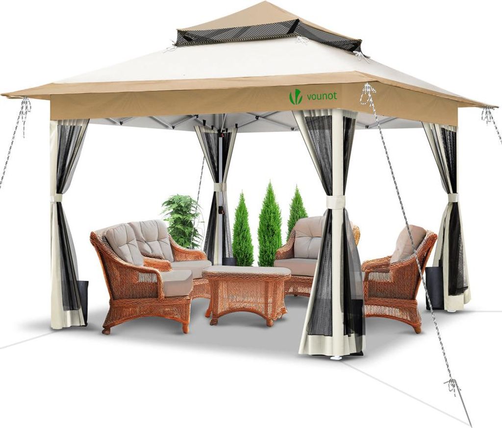 VOUNOT Pavillon 3,6x3,6m, Pop Up Partyzelt mit Mesh Sides & Doppeldach Faltpavillon Beige