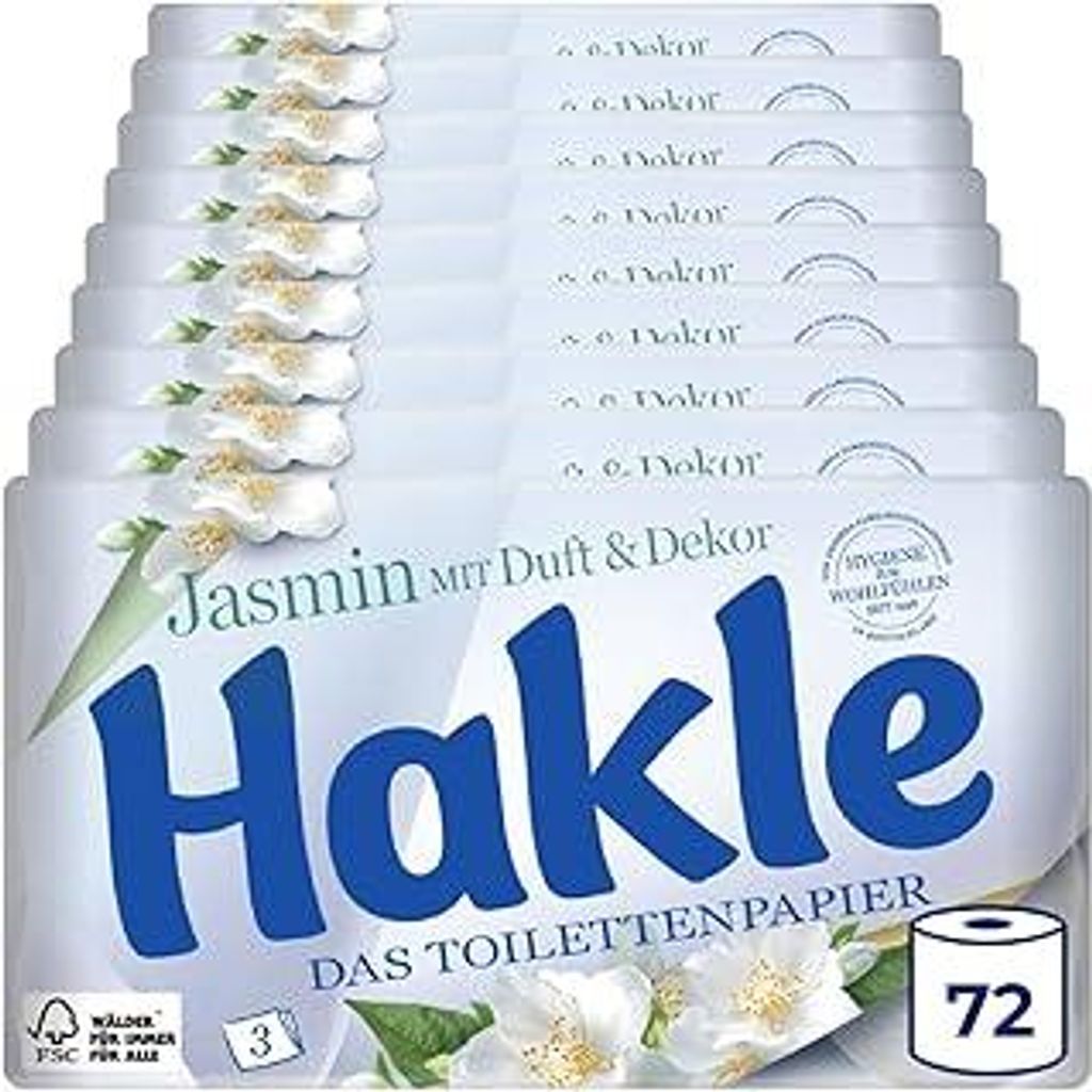 Hakle Toilettenpapier mit Jasminduft & Dekor - 72 Rollen, 3-lagiges Klopapier, 150 Blatt pro Rolle, WC Papier mit 60% recycelte Verpackung,