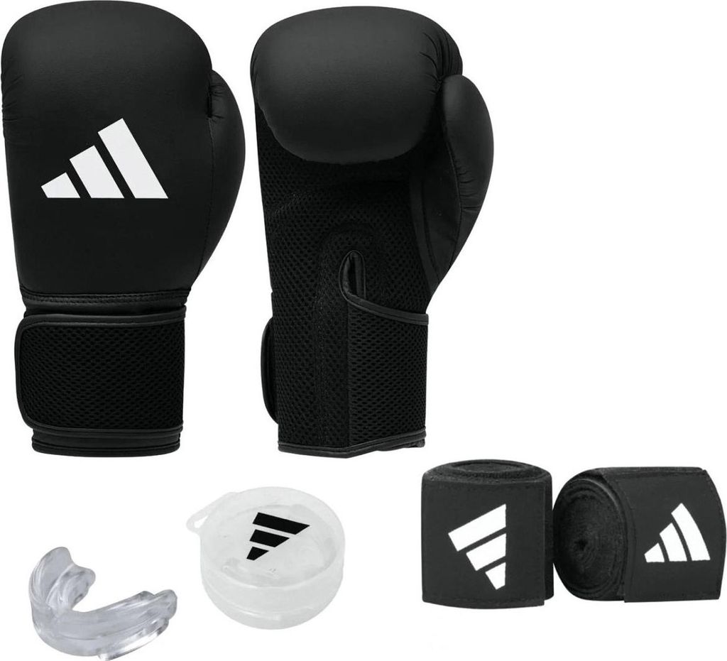 A set of boxing equipment including gloves, hand wraps, and a mouthguard, all branded with the Adidas logo.
