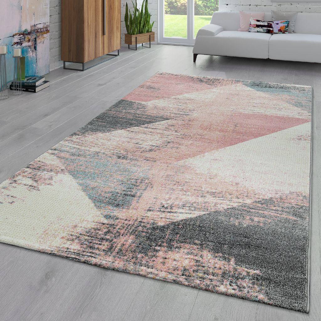 TT Home Wohnzimmer Teppich Kurzflor Abstraktes Design Pastell Used Look Modern Bunt Größe 60x100 cm