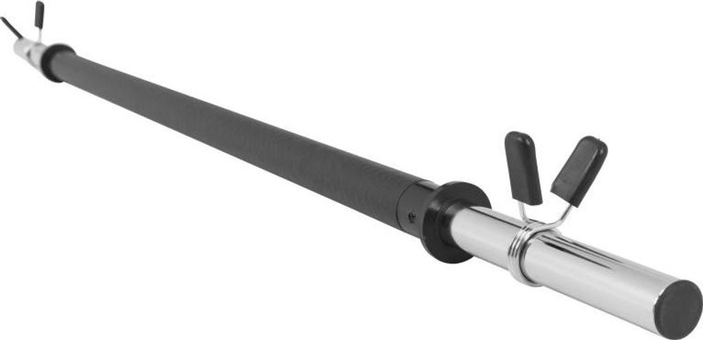 A black and silver barbell with black grips and spring collars, isolated on a white background.