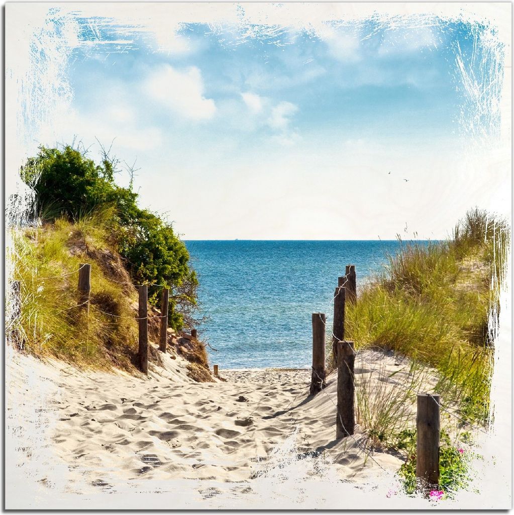 Kunstdrucke Wandbilder Holz in : Brillante Farben, Größe 50 x 50 cm Motiv Auf dem Sandweg zum Strand