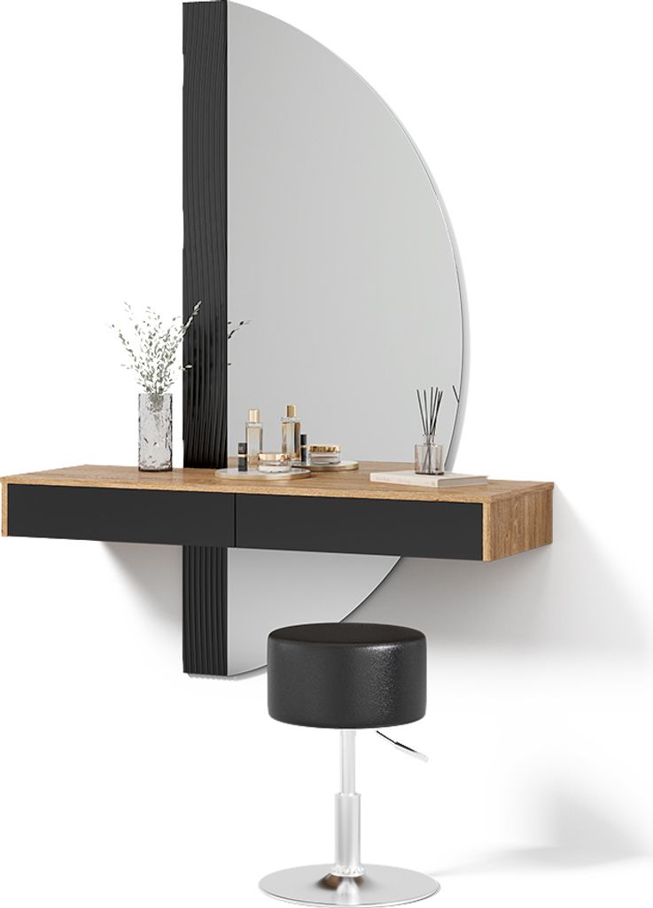 Schminktisch Livinity Ascona Schwarz mit Beleuchtung und Hocker, Model 52445