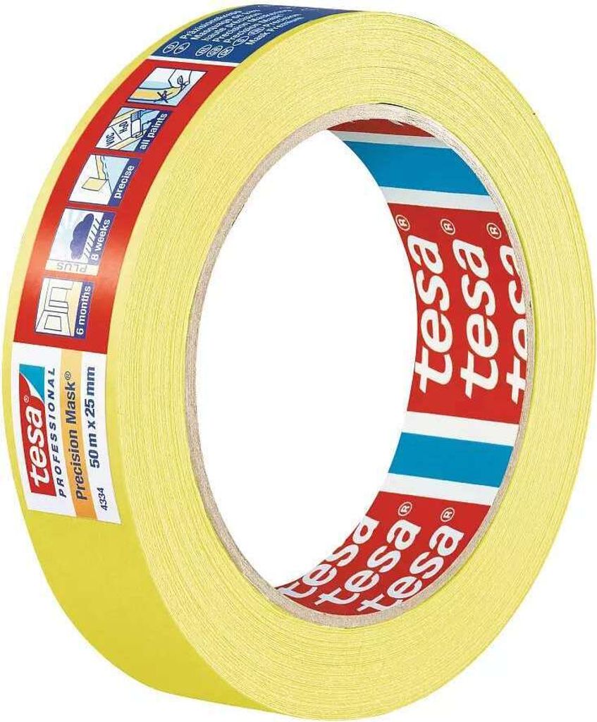 6 Rollen tesa 4334 Professional Präzisionskrepp PLUS, 50 m x 25 mm, gelb