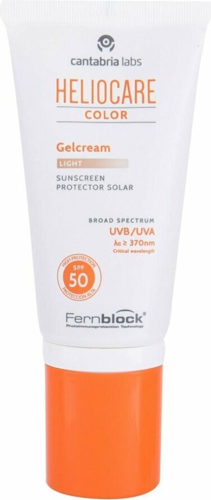 A white tube of sunscreen with an orange cap, featuring brand and product information.