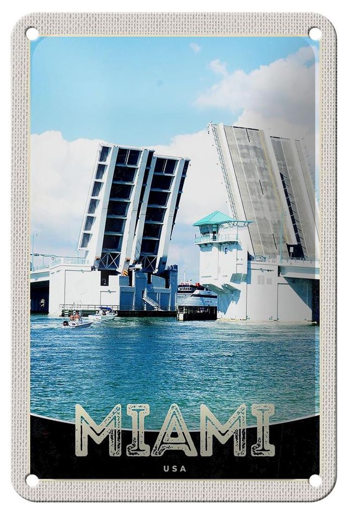 Blechschild Reise 12x18cm Miami Amerika USA Brücke Schiffe Meer Schild