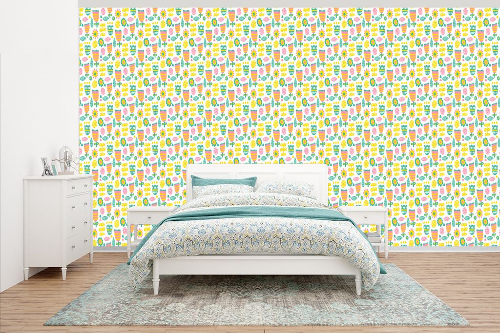 MuchoWow Fototapete für Wohnzimmer oder Schlafzimmer Wandtapete Vinyl Motivtapete Skandinavisch - Blumen - Frühling - Muster - 465x260 cm - Hin...
