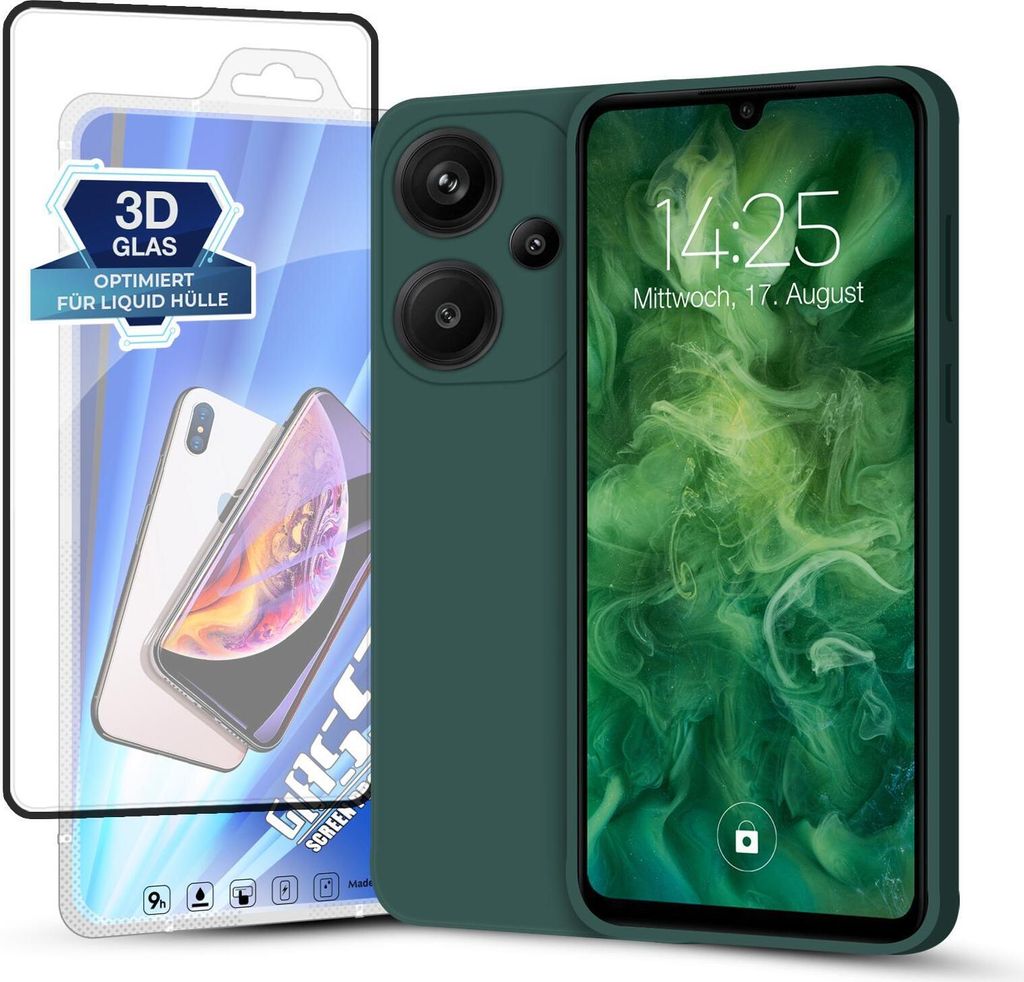 Hülle für Xiaomi Redmi Note 13 Pro+ 5G mit 9H Displayglas Displayschutz Plus Case Cover Bumper Silikon Softgrip Schutzhülle Farbe: Grün