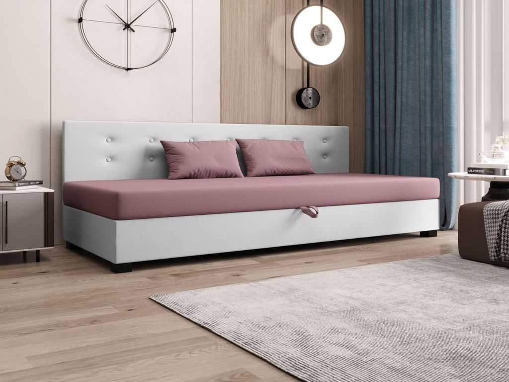 AURA SOFA Boxspringbett OLAF BIZ 80x195 Komplett-Set mit Bonell Matratze, Polsterbett mit Bettkästen - Rosa/Weiß, SAWANA 61/WEIß