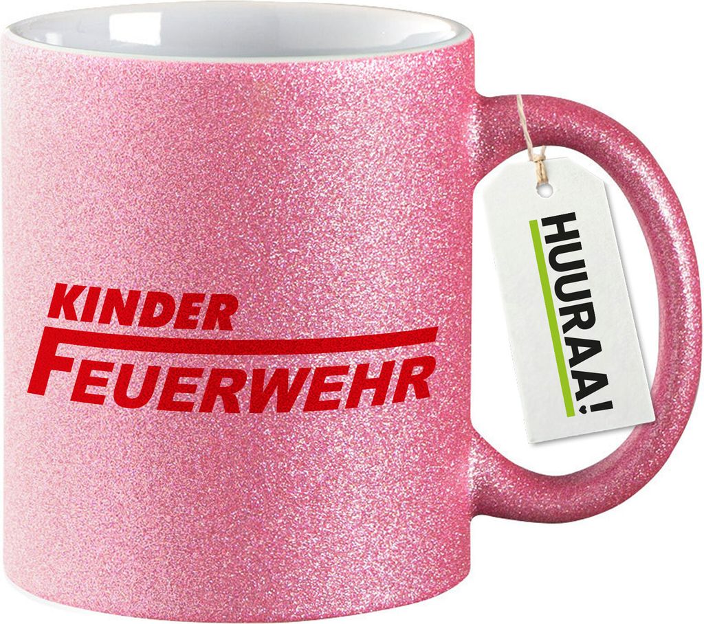 Huuraa Glitzertasse Kinder Feuerwehr Schriftzug 330ml Pink Keramik Kaffeebecher Geschenkidee