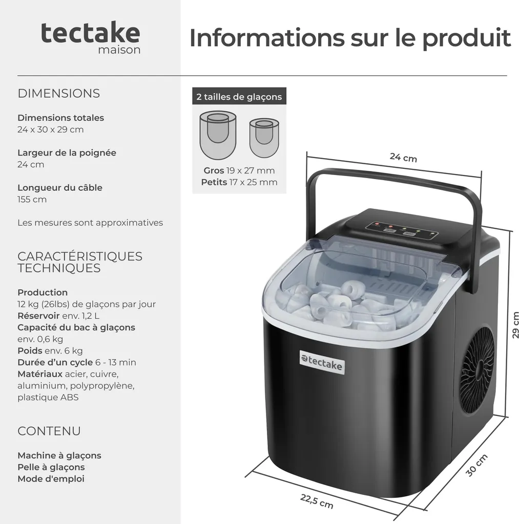 Machine à glaçons ARCTIC Noire 1,2L - 2 Tailles avec Arrêt Automatique - 6