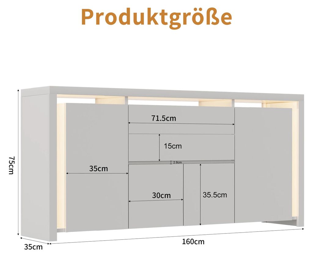 Nordisches minimalistisches Sideboard - Buffet Kommode - Hochglanz Front - LED Beleuchtung - 2 Schubladen und Türen - MDF - Weiß