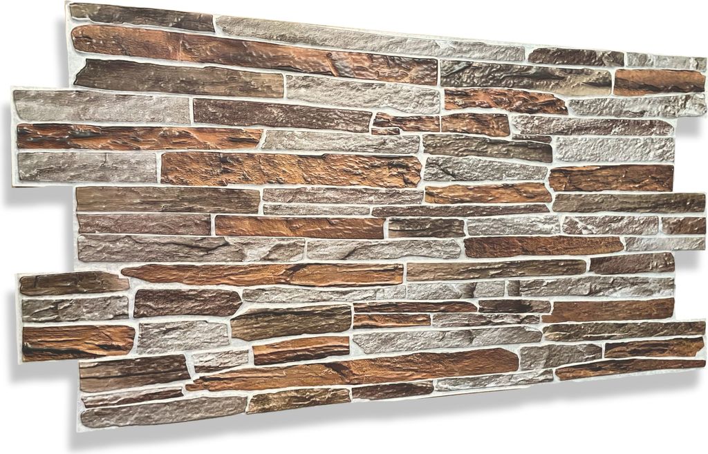A wall panel with a stone and wood mosaic imitation.