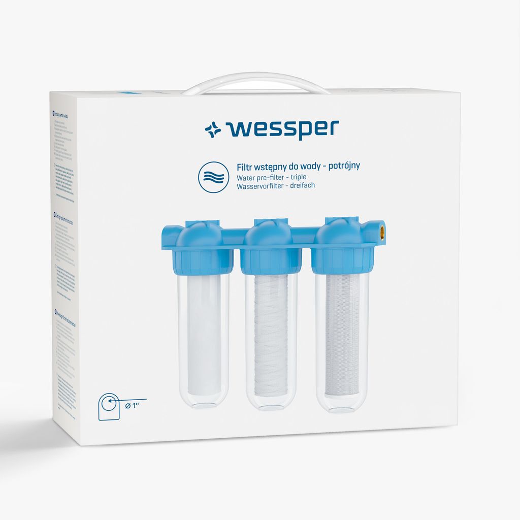 The image shows the packaging of a triple water filter system.