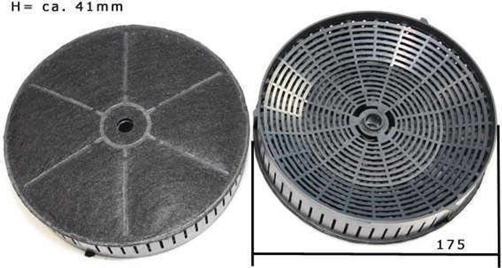 Two charcoal filters for a range hood, shown from different angles with dimensions indicated.