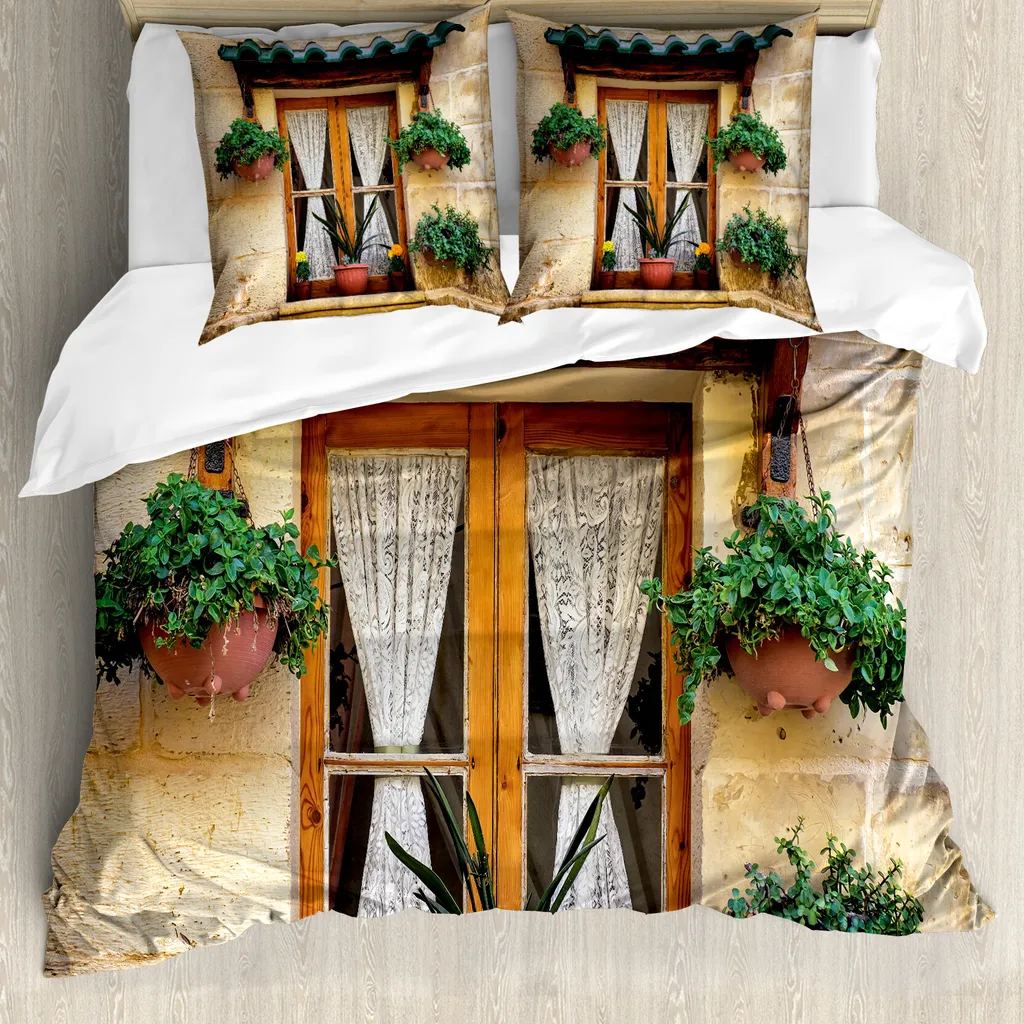 ABAKUHAUS Copripiumino con tenda a rullo, finestra antica e fiori, antiacaro, adatto a chi soffre di allergie, con federe, 200 cm x 200 cm - 80 x 80 cm, beige verde