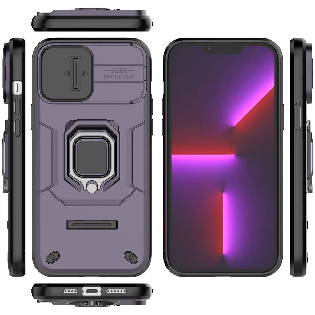 Cover iPhone 13 Pro Max con Supporto Anello e Slide Camera Viola - 2