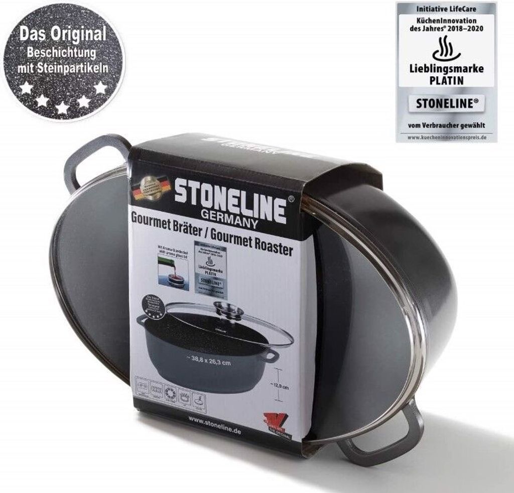 A STONELINE gourmet roaster is shown in its packaging, with the lid slightly ajar.