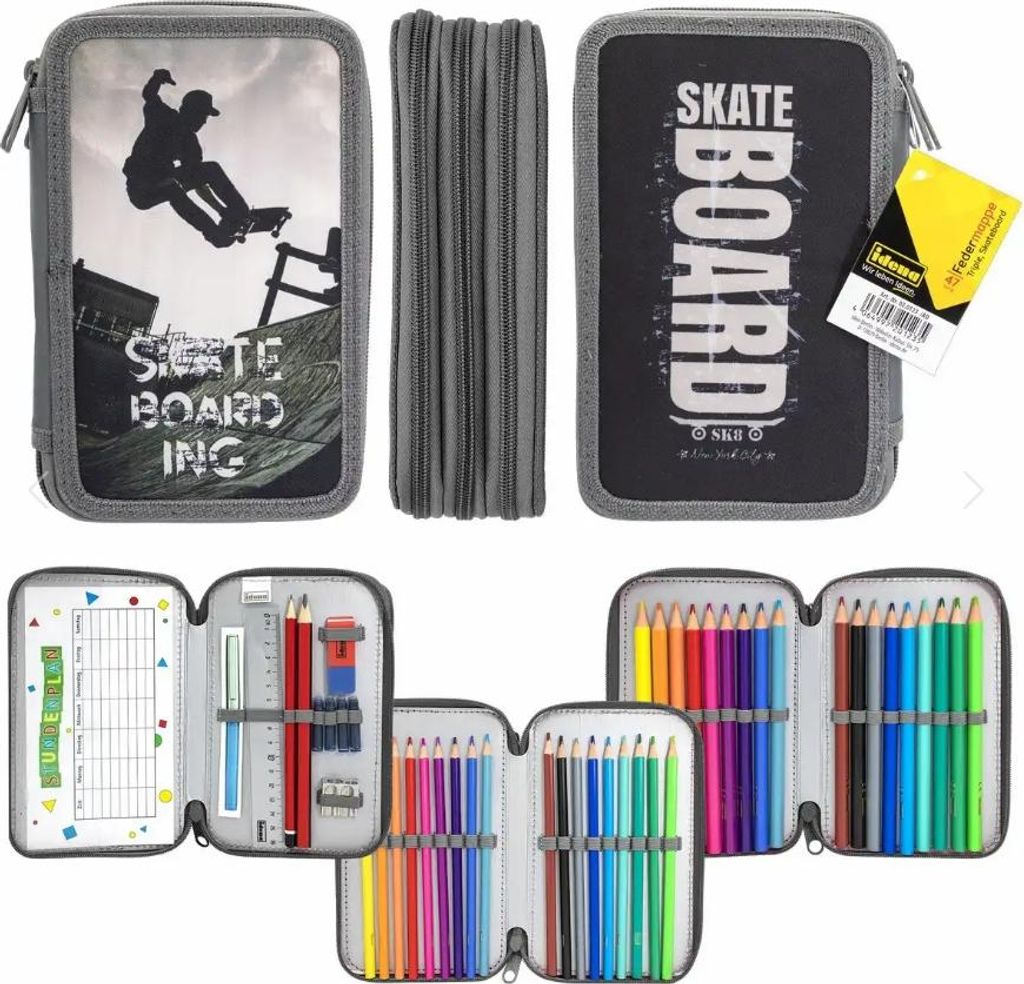 Idena Federmappe Triple Skateboard grau 47 Teile Produktbild 