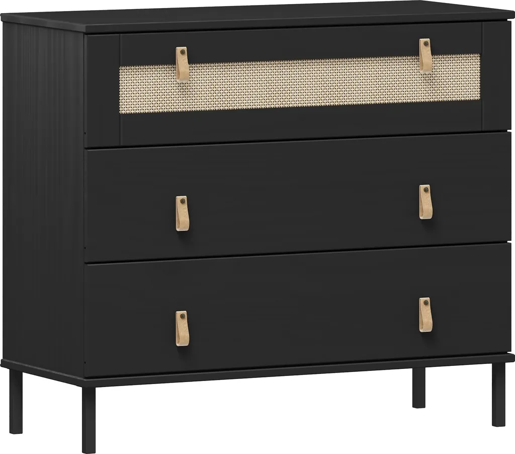 Commode 3 tiroirs noir laqué en pin massif 90x80cm - Série WZ-0800