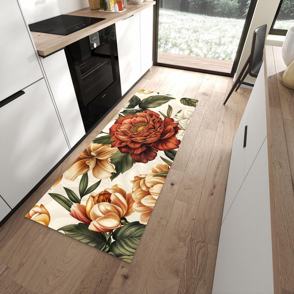 Küchenteppich 80x200cm rutschfest & abwischbar PVC Läufer - Blumenmuster Vintage