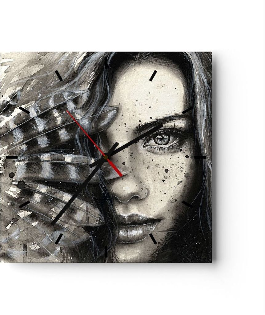 Wanduhr - Quadrat - Glasuhr - Frau Federn Lippen Kunst. - 40x40cm - Schleichendes Uhrwerk - Lautlos - zum Aufhängen bereit - Dekoration Modern - W...