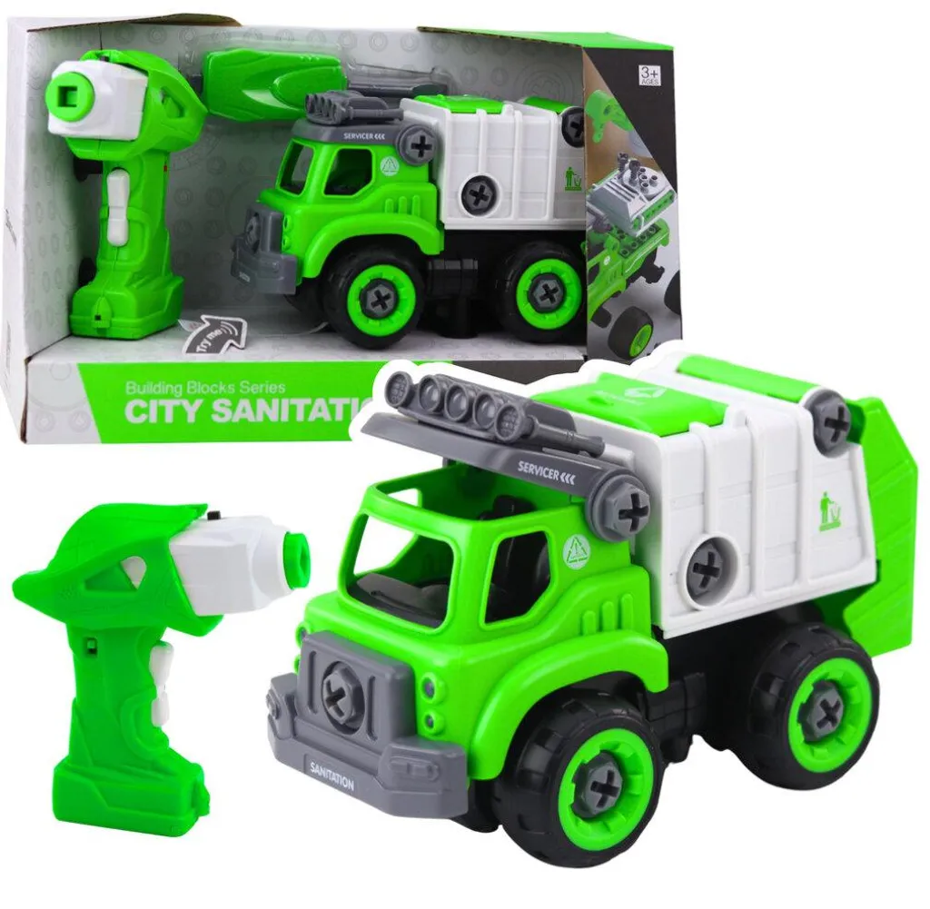 Jouet de Construction Camion Poubelle RC Vert avec Outil de Montage