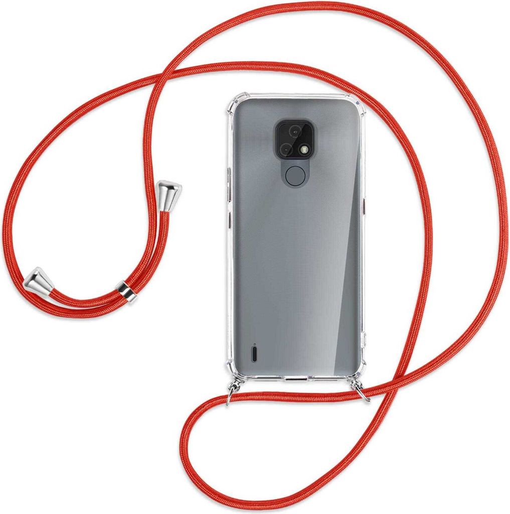 Handykette Backcover-Schutzhülle mit Band (Metall silberfarben) für Motorola Moto E7 - rot