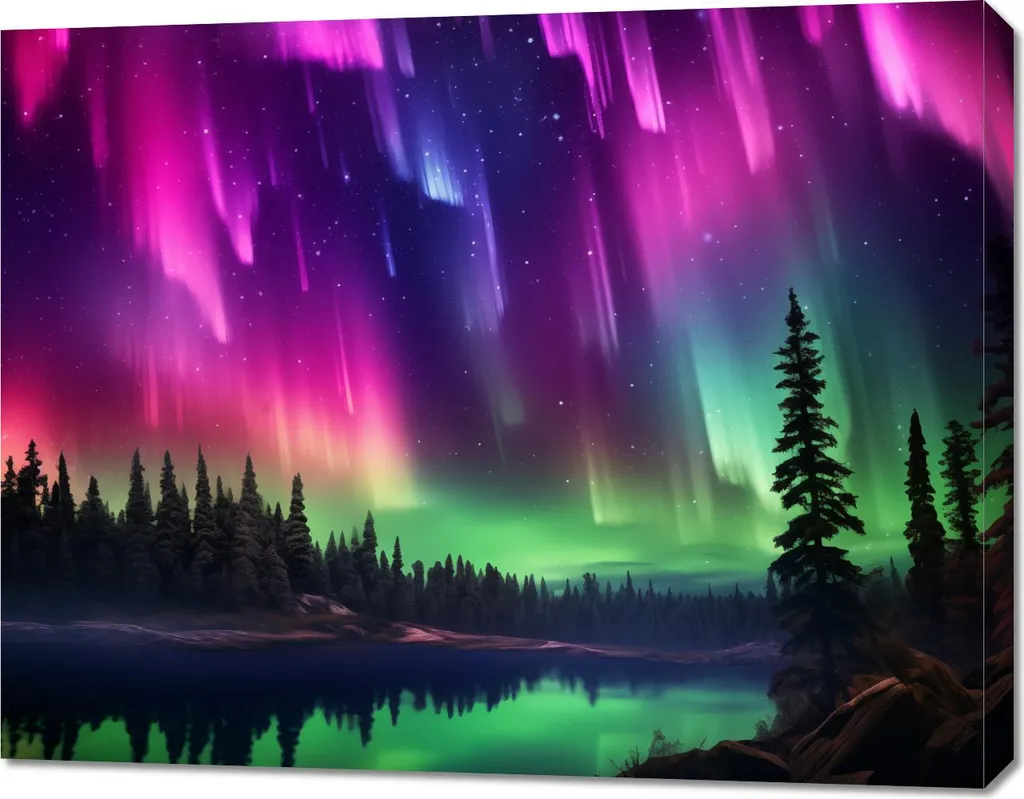 Tableau Image 90 x 70 cm Aurore boréale au-dessus de la forêt boréale