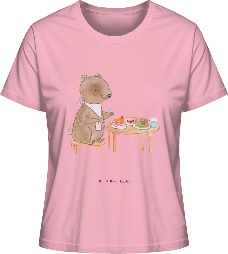 Mr. & Mrs. Panda Damen Kurzarmshirt Bär Essen gehen Größe L - Baumwolle Pink - Geschenk, Basic T-Shirt, Restaurant, Oberteil, Restaurantbesuch